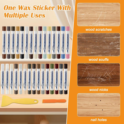30+2P Wood Filler Sticks, Windspeed 30 Colos Wood Filler Putty Wax Crayons Furniture Repair Kit Putty Stick for Baseboard Cabinets Furniture Floors(with 2 Scrapers)