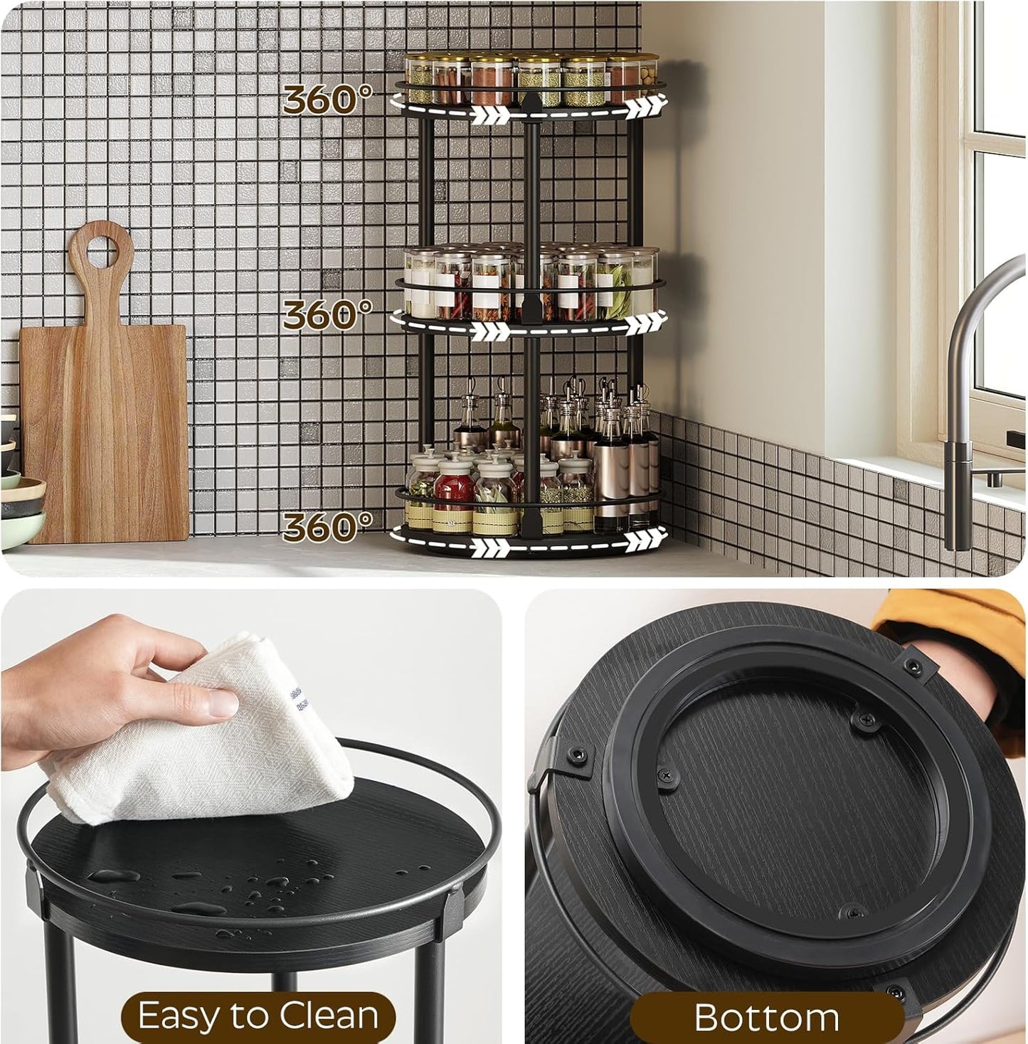 3-Tier Lazy Susan Organizer, Rotating Spice Rack, Spinning Organizer, Industrial Turntable Spice Rack Organizer for Cabinet, Kitchen Countertop, Pantry, Black SR23BK