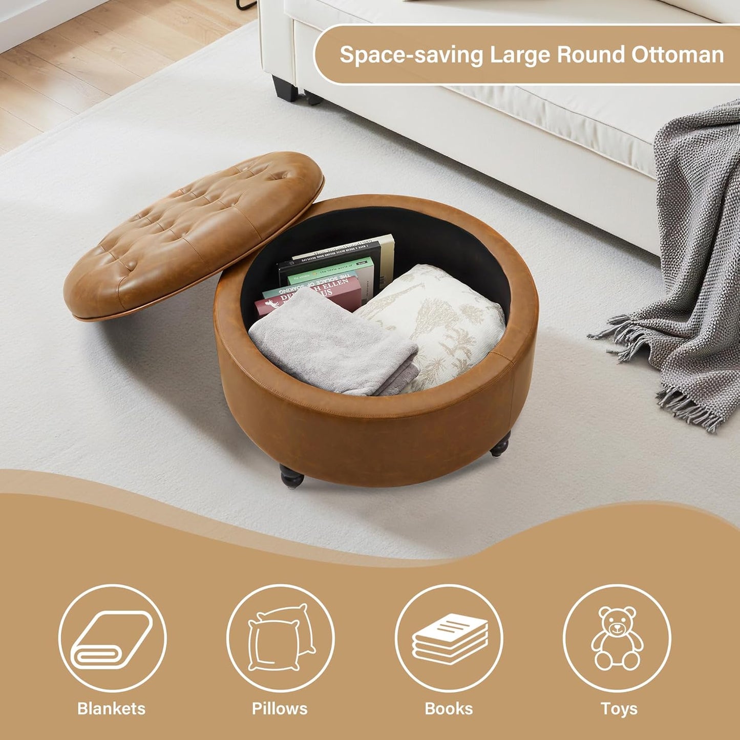 30-Inch Large Round Ottoman, Faux Leather Coffee Table with Removable Lid Top, Upholstered Footrest Modern Button Circle Storage Ottoman for Living Room, Office, PU Brown