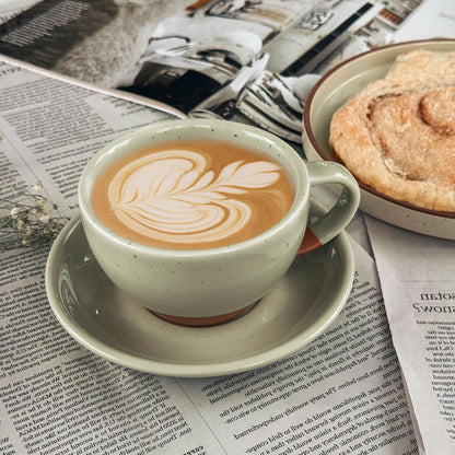 Mora Ceramic Latte Art Mug With Saucer - 10.5 oz, Round Bottom For Perfect Pours - Cafe Cups for Cappuccino, Espresso, Coffee, Tea etc - Porcelain Set for Baristas, Great Gift - Light Matcha