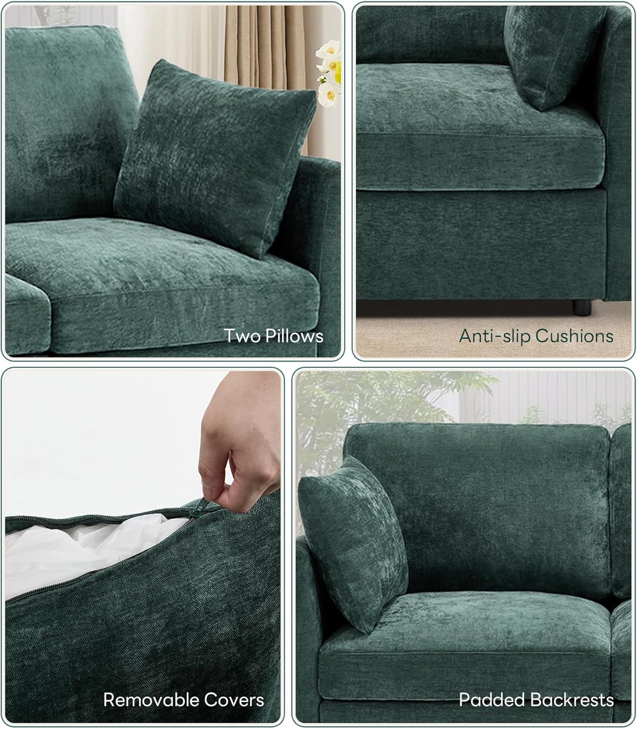 Tbfit 59" Loveseat Sofa, Chenille Small Sofa Couch, Love Seat with 2 Pillows for Small Space, Bedroom & Living Room, Green