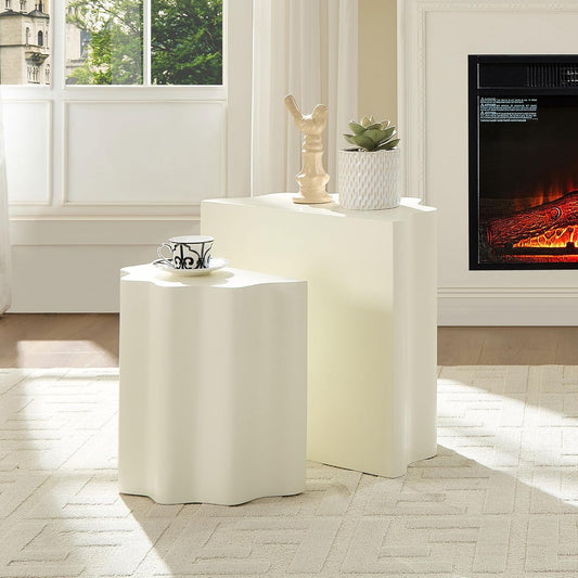 WILLIAMSPACE Nesting Coffee Table Set of 2 for Living Room, Modern Circle Center Table with Wavy Edges Design, Accent End Side Table for Small Space, No Need Assembly (Fiberglass, 22.05"+16.93")