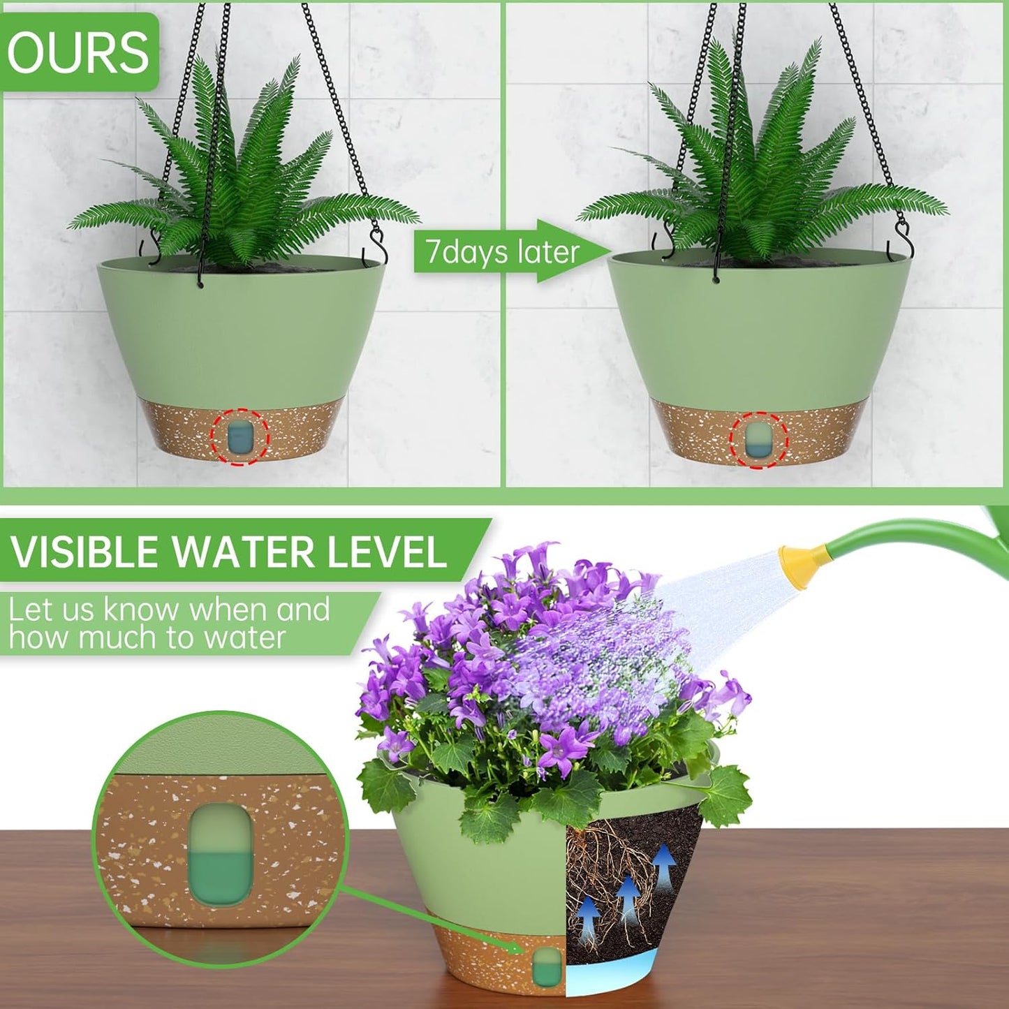 ZMTECH 8 Inch Hanging Planters for Indoor Plants, Hanging Baskets for Plants Outdoor with Visible Water Level, Hanging Flower Pots with Drainage Holes & Removable Tray(2 Pack, Green)