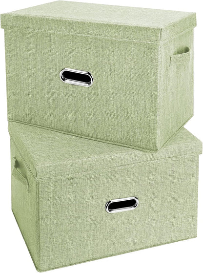 Large Linen Fabric Foldable Storage Bins with Removable Lid and Handles, Washable Storage Box Organizer Containers Baskets Cube with Cover for Bedroom,Office(Green, XXL(2-Pack))