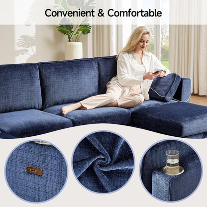 110" Modular Sectional Sofa, Convertible Sleeper Sofa Couch Bed with Adjustable Backrest, U-Shaped Chenille Cloud Couch with Ottoman Storage, Deep Seat Couches for Living Room,Blue