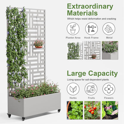 Casaphoria Metal Raised Garden Bed with Trellis and Wheels, 72"x35"x16" Planter Box for Climbing Plants, Vegetables & Vines, Features Drainage Holes and Privacy Screen (Grey-Helen)