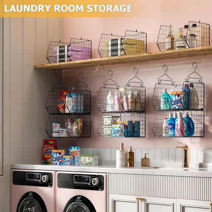 X-cosrack 3-Tier Hanging Storage Organizer for Closet, Laundry & Utility Room | Space Saving Shelves with 1.65" Hook & 5 S-Hooks | Hanging Wire Baskets (12.4" W x 8.8" H x 10.24-11.8" D)