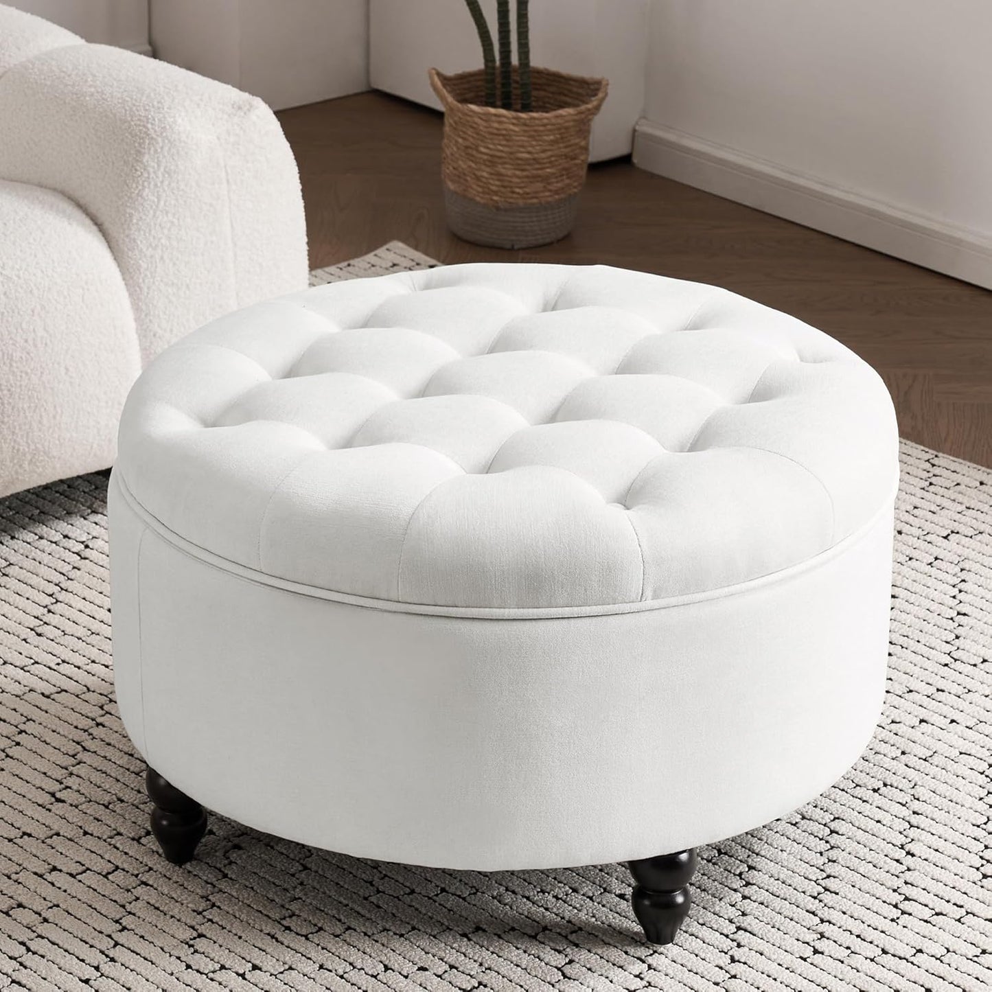 30-Inch Large Round Ottoman, Tufted Coffee Table with Removable Lid Top, Upholstered Footrest Modern Button Circle Storage Ottoman for Living Room, Office, Ivory