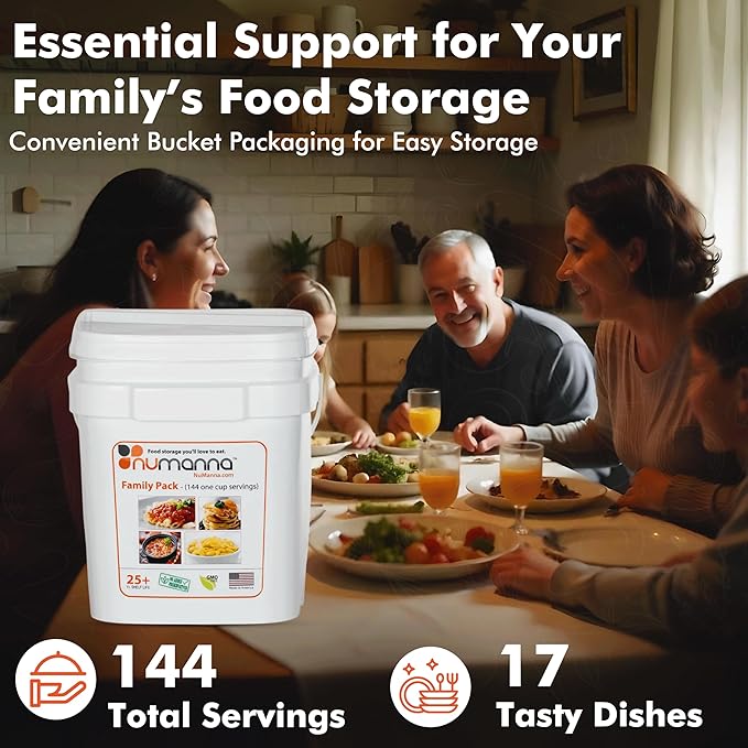 Numanna Family Pack Emergency Food Storage Bucket – 144 Servings, 20 lbs | 1-Month Survival Meal Kit for Long-Term Preparedness | Non-GMO Freeze-Dried Meals in Resealable Pouches | Healthy, Nutritious Everyday Food Supply | 25+ Year Shelf Life | Made i...