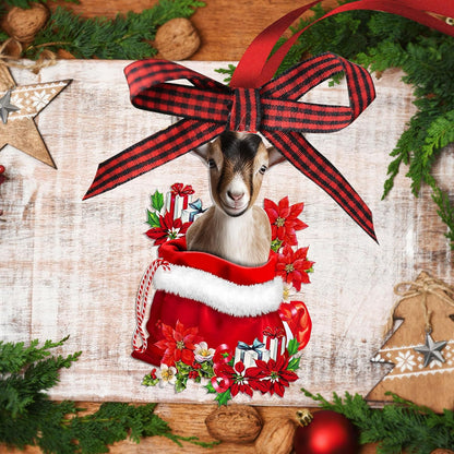Talataca Goat 2D Flat Wooden Christmas Ornament, Goat Farm Animal in Red Santa Gift Bag Pine Tree Decor, Hanging House Charm Eve Keepsake, Wood Car Mirror Accessories, Xmas Gift