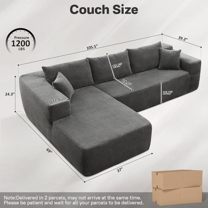 104" Cloud Sectional Couches for Living Room,L Shaped Boneless Couch in A Box,Sleeper Sofa with Comfy Chaise No Assembly Required,Grey