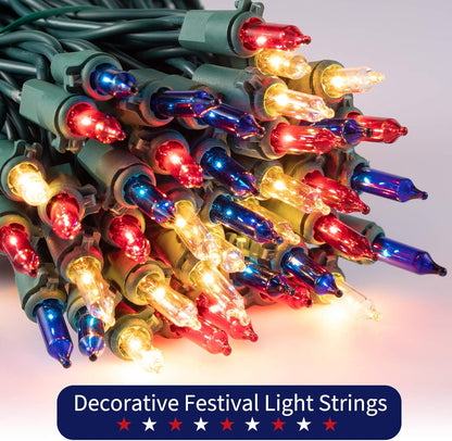4th of July Decoration Patriotic Mini String Lights - 200 Count 50 Feet Red White Blue Christmas Lights Green Wire Waterproof for Indoor Outdoor Xmas Holiday Party Patio Independence Day Decoration