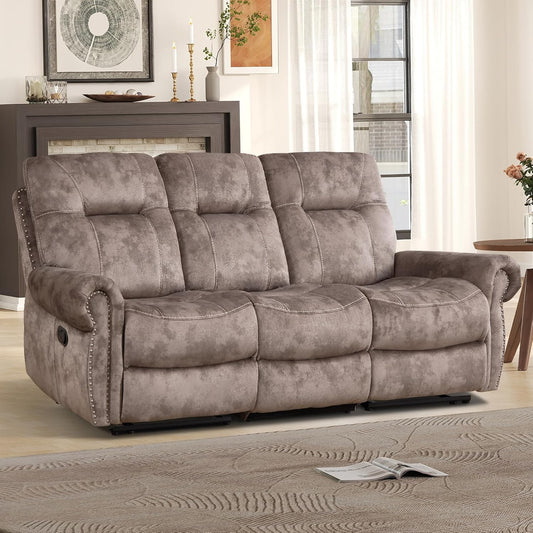 EBELLO Manual Recliner 3 Seat Sofa Couch, Soft Fabric 3 Seater Reclining Couch Chair, Vintage Rivet Mid-Century Design Furniture for Living Room, Meeting Room, Brown