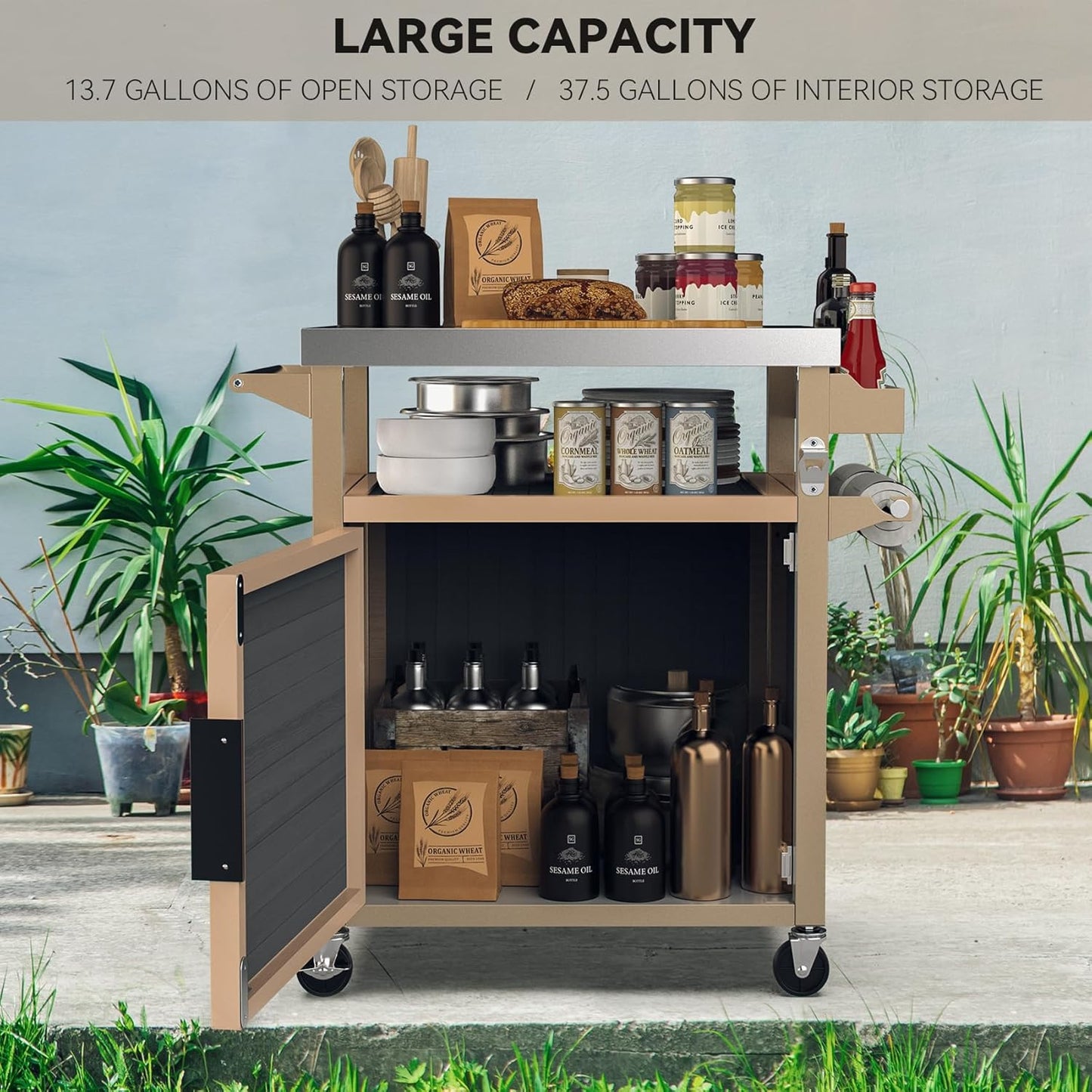 Skyflame Outdoor Grill Cart with Storage on Wheels, Rolling Kitchen Island with Stainless Steel Table Top, Multifunctional BBQ Food Prep Table with Magnetic Single Door for Patio Backyard Garden Deck