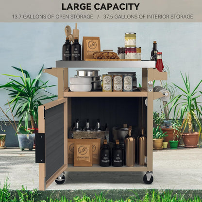 Skyflame Outdoor Grill Cart with Storage on Wheels, Rolling Kitchen Island with Stainless Steel Table Top, Multifunctional BBQ Food Prep Table with Magnetic Single Door for Patio Backyard Garden Deck