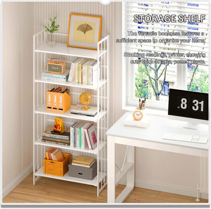 4NM No Assembly 5 Tiers Folding Bookshelf, 59.4" H Foldable Storage Shelves Vintage Bookcase Standing Racks Study Organizer Home Office - All White