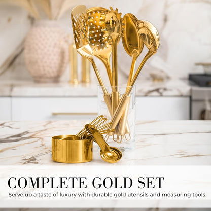 Gold Cooking Utensils with Measuring Cups and Spoons Set - 13-Piece Luxury Gold Kitchen Accessories Includes Metal Measuring Cups and Spoons for Baking, Cooking, and Elegant Kitchen Decor