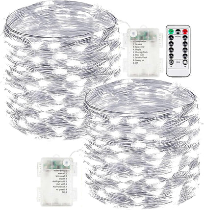 2-Pack Fairy Lights Battery Operated with Remote, Waterproof 66FT 200 LED Battery String Lights Outdoor Indoor, 8 Modes Twinkle Lights with Timer for Bedroom Wedding DIY Christmas Decor (Cool White)