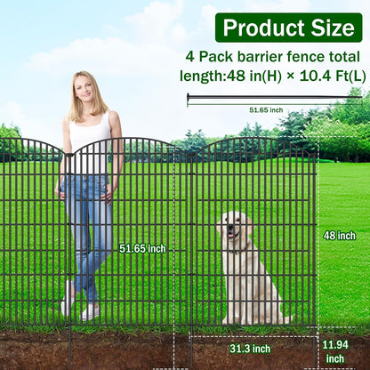 No Dig Decorative Garden Fence 4 Panels with Gate, 48 in (H) x 10.4 ft (L), Dog Fence Outdoor for Yard，Rustproof Metal Animal Barrier Ground Stakes Fencing for Garden, Patio, Flower Bed