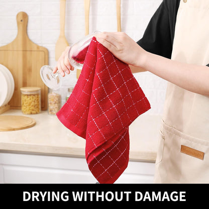 Homaxy 100% Cotton Terry Kitchen Towels(Red, 13 x 28 inches), Checkered Designed, Soft and Super Absorbent Dish Towels, 6 Pack