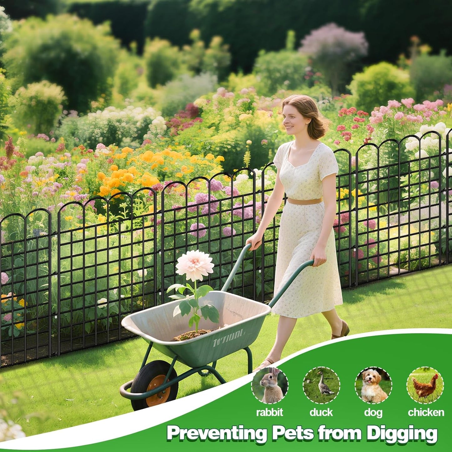 10 Panels Garden Fence Dog Fence Outdoor for Yard, 32 in (H) x 24 ft (L) Rustproof No Dig Decorative Tall Fencing Border for Dog, Rabbits, Patio Temporary Ground Stakes and Flower Vegetable Flower Bed