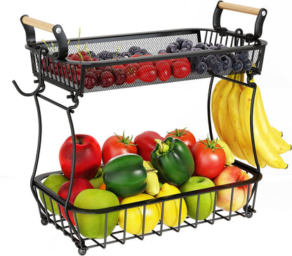 ANTOPY 2 Tier Fruit Basket with 2 Banana Hangers, Countertop Fruit Vegetable Basket Bowl for Kitchen Counter Metal Mesh Basket Fruits Stand Produce Holder Organizer for Onion Potato Bread Snack Veggie
