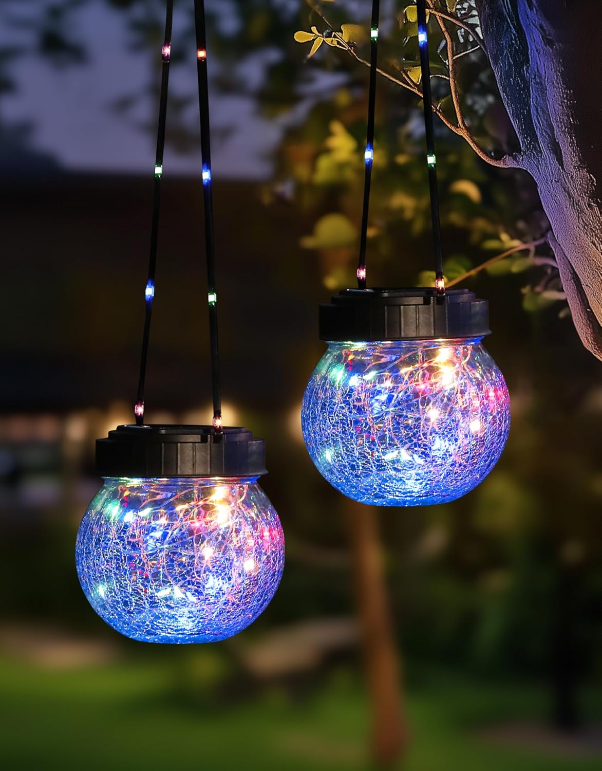 PARTPHONER Solar Lantern Solar Lights Outdoor Waterproof 2-Pack, Solar Powered Hanging Lights Cracked Glass Hanging Globes for Christmas Decoration, Shepherd Hook, Garden Tree Ornaments,Muiti-Color