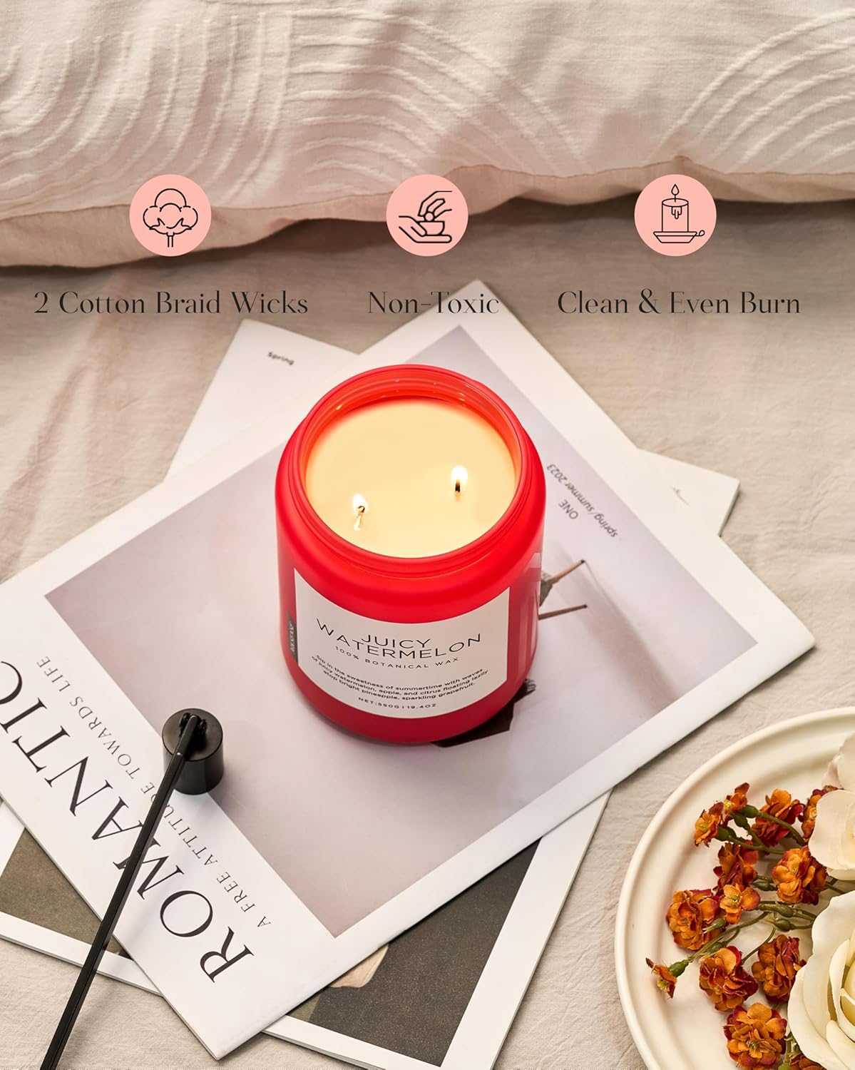 M&SENSE Juicy Watermelon Scented Candle, 19.4oz 110 Hours Clean Non Toxic Natural Soy Wax Long Lasting Candle for Women Men, 2 Wick Fruit Scent Home Fragrance Home Decor for Housewarming Gifts