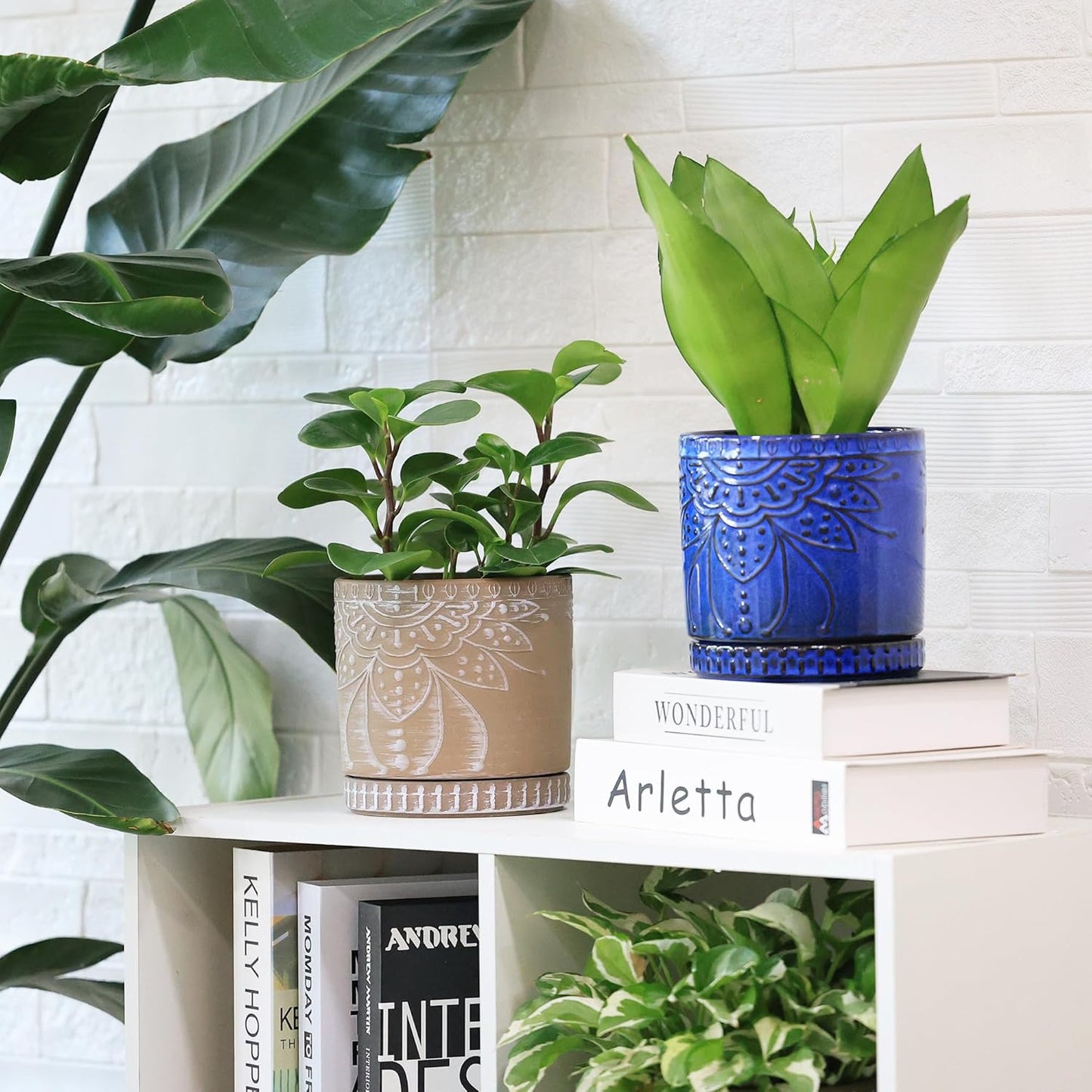 6 Inch Indoor Plant Pots with Drainage Holes and Saucers, Ceramic Planter for Plants, Flower Pot - Set of 2