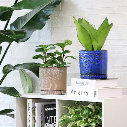 6 Inch Indoor Plant Pots with Drainage Holes and Saucers, Ceramic Planter for Plants, Flower Pot - Set of 2