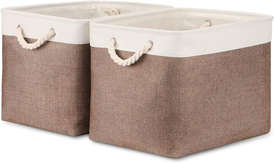 Bidtakay Large Storage Baskets with Handles for Organizing 16" x 11.8" x 11.8" Rustic Shelf Baskets [2-Pack] Foldable Clothes Baskets Fabric Collapsible Bins for Closet (White&Earthy Brown)