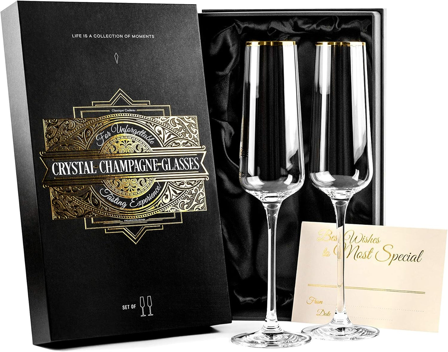 Gold Rim Champagne Gift Glasses | Set of 2 | Crystal Square Toasting Flutes for Bride and Groom, Wedding, Anniversary, Birthday | Elegant Long Stemmed Glassware for Sparkling Wine, Prosecco