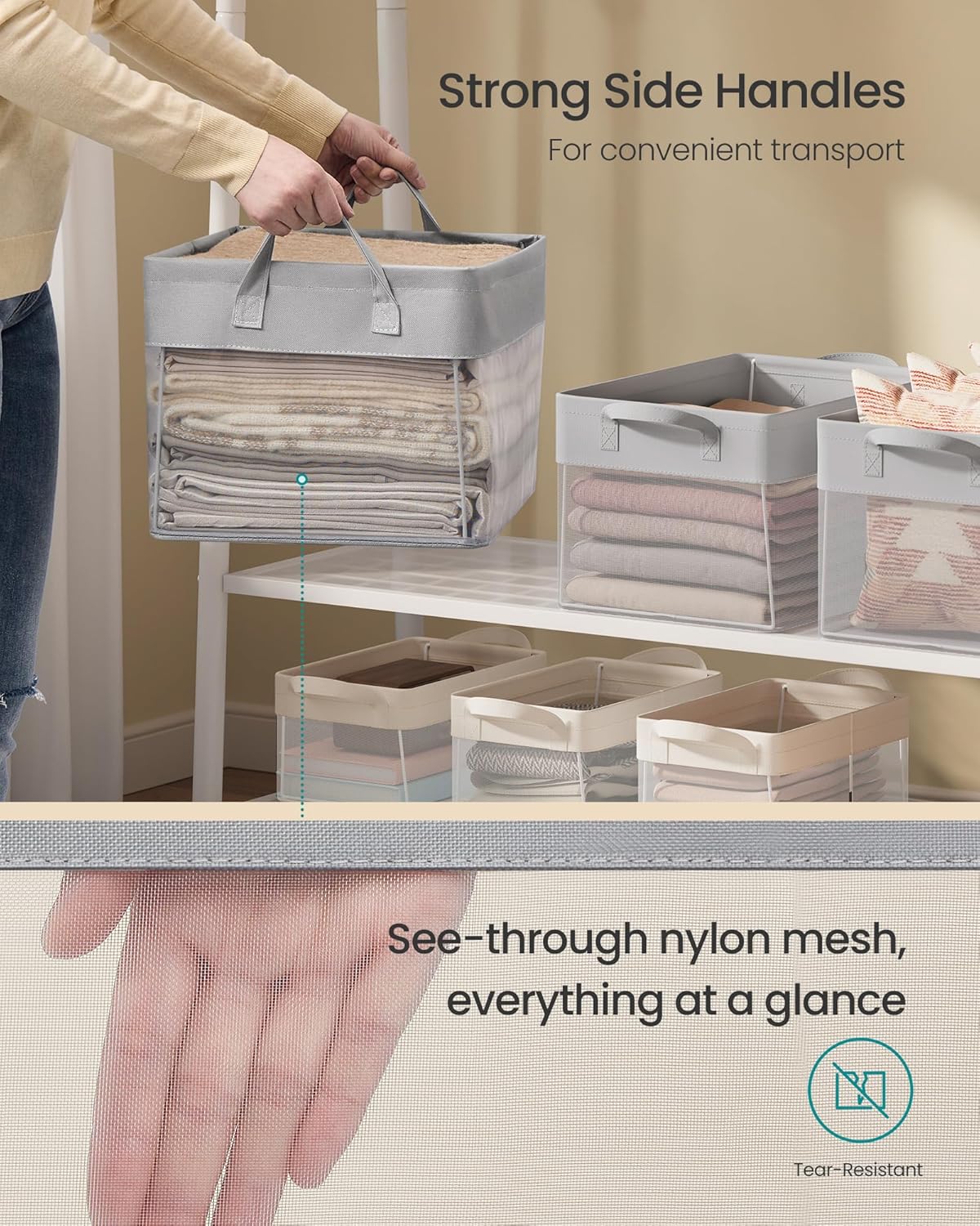 SONGMICS Storage Bins Set of 3, Medium Fabric Storage Baskets, Foldable Organizer with Transparent Nylon Mesh, 15.7 x 11.8 x 9.8 Inches, Handles, for Bedroom, Living Room, Dove Gray URFB940G01