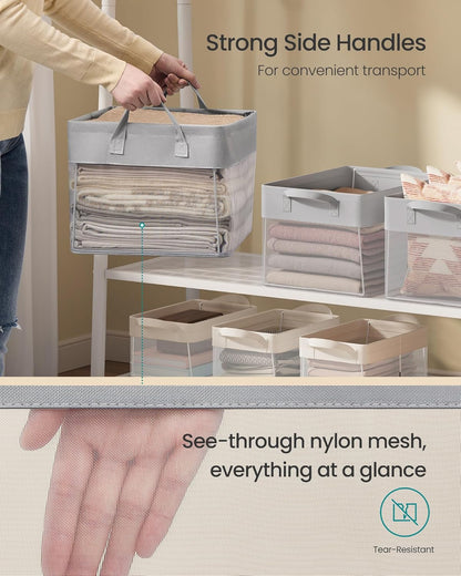 SONGMICS Storage Bins Set of 3, Medium Fabric Storage Baskets, Foldable Organizer with Transparent Nylon Mesh, 15.7 x 11.8 x 9.8 Inches, Handles, for Bedroom, Living Room, Dove Gray URFB940G01