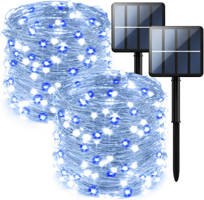 2-Pack 200 LED Solar Fairy Lights Outdoor, Upgraded Oversize Lamp Beads & Super Bright Solar String Lights Outoor, 8 Modes Solar Lights for Garden Patio Decorations（Blue&White）