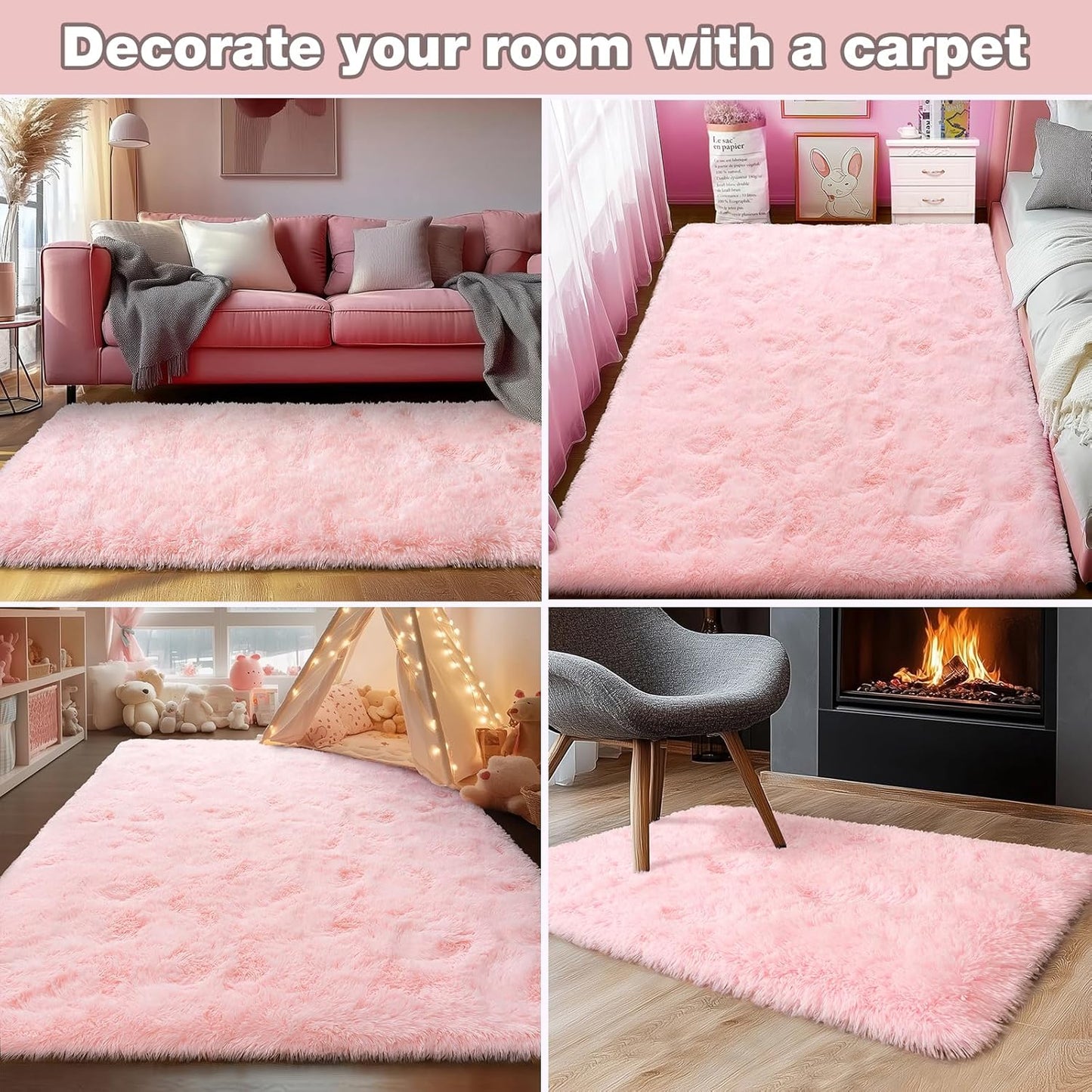 Ultra Soft Pink Rugs for Bedroom 8x10 Feet, Fluffy Shag Area Rugs for Living Room, Large Comfy Furry Rug for Girls Kids Baby Room Decor Teenage Pastel Princess Rug, Non Slip。