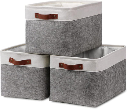 HNZIGE Fabric Storage Baskets for Shelves(3 Pack) Large Collapsible Storage Baskets for Organizing, Decorative Baskets Bins Set with Handles for Closet, Clothes, Toy(White&Gray,15" x 11" x 9.5")