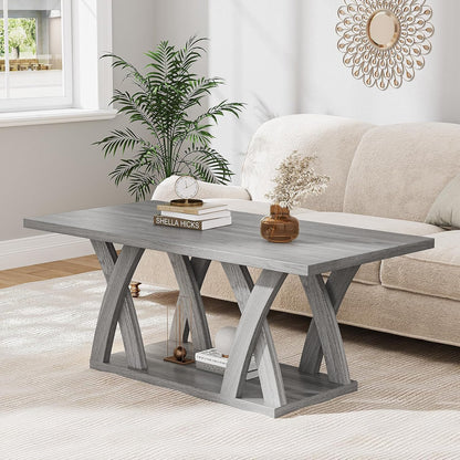 47” Wood Coffee Tables for Living Room Rustic Stands with Storage Shelf Grey Coffee Tables for Living Room Farmhouse Center Stands with Shelf Farmhouse Rectangle Center Table