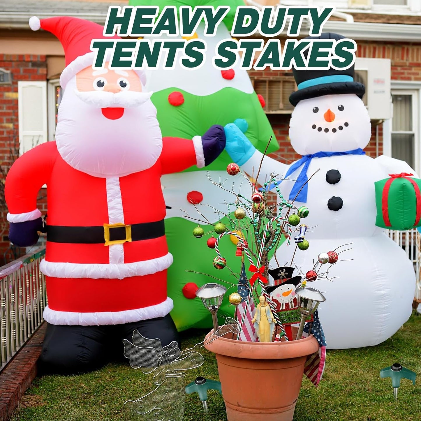 Hicarer 20 Pcs 20 Pcs 8'' Screw in Tent Stakes Heavy Duty Ground Metal Stakes for Inflatables with Hex Head Driver for Outdoor Camping Tent Inflatable Garden Decor (Dark Green)