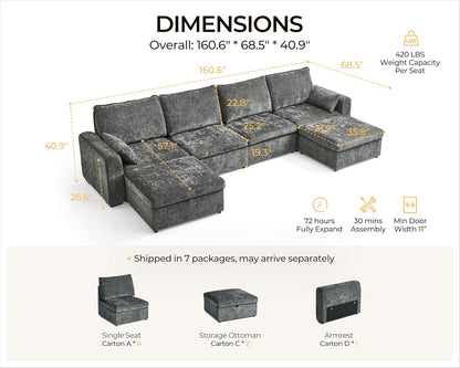 Oversized Modular Sofa Comfy Cloud Couch with Storage, Extra Deep Plush Sectional Sofa Set for Living Room, Covers Washable, Chenille, Olar (Grey, 6-Seater with 2 Ottomans, u-Shaped)