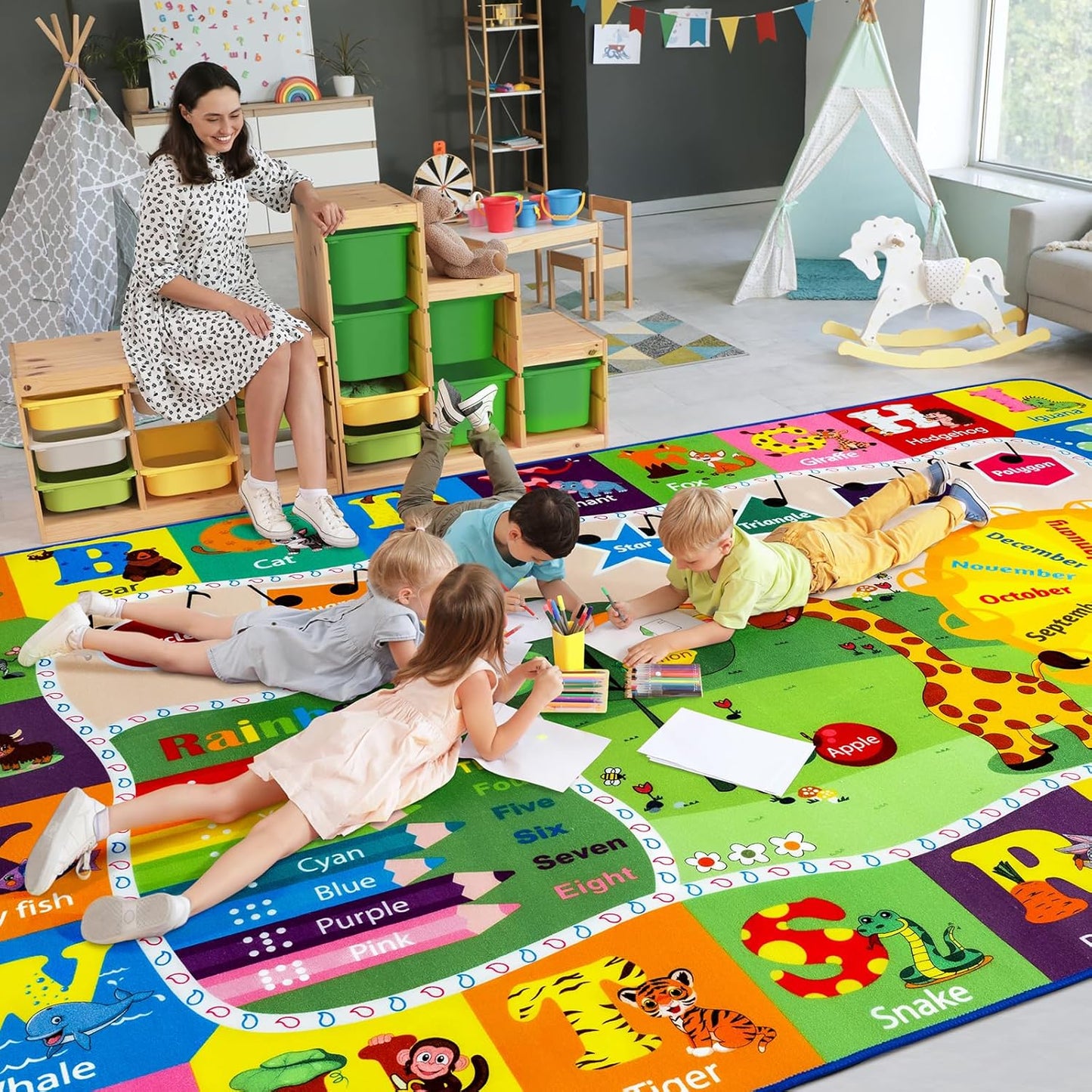 6x9 Playroom Rugs for Kids Washable, Educational and Fun Playmat with ABC Alphabet Animals Shapes Colors, Non-Slip Play Mat Learning Rugs for Baby Toddler Children Game Activity