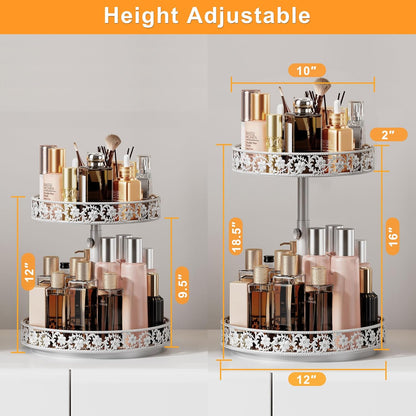 2 Tier Lazy Susan Organizer Turntable Adjustable,12 Inch Two Tier Lazy Susan Metal Easy Assembly Cleaning, Rotating Spice Rack Organizer for Cabinet Dining Table Kitchen Countertop White