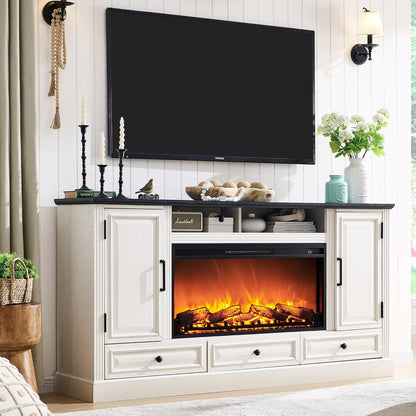Fireplace TV Stand for 80 Inch TV, 35.7" Tall Farmhouse Entertainment Center W/36'' Electric Fireplace, Media Console with Large Storage Cabinets and Drawers for Living Room, Antique White