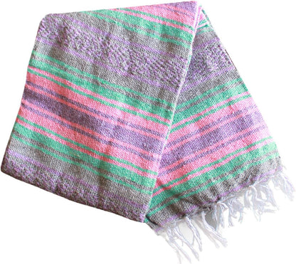 Del Mex Classic Mexican Blanket, Large Authentic Woven Falsa Throw (70"x50"), Artisan Southwest Décor for Beach, Yoga, Outdoors (Mint/Pink/Gray)