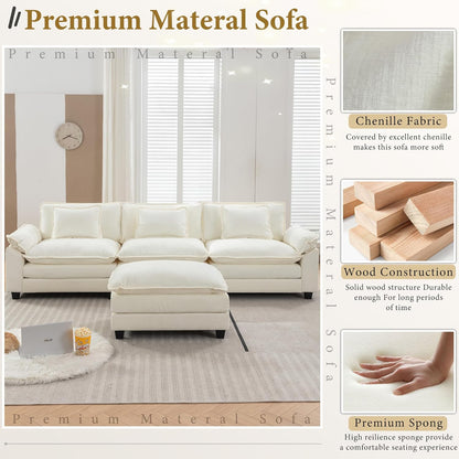 URRED Modular Sectional Sofa Comfy Cloud Couch, Modern Chenille Sofa Sleeper Deep Seat Couches with Ottoman/Pillows for Living Room (White, 117''- L Shape)