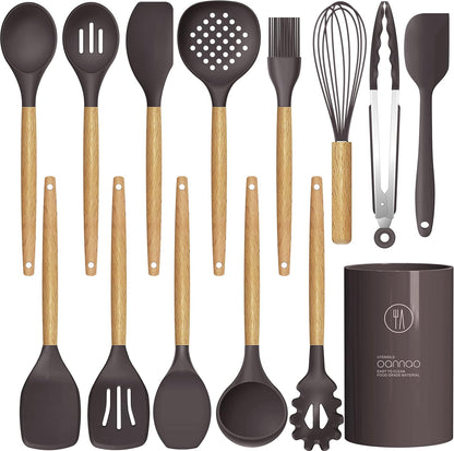 Silicone Cooking Utensils Set - 446°F Heat Resistant Silicone Kitchen Utensils for Cooking,Kitchen Utensil Spatula Set w Wooden Handles and Holder for Non-Stick Cookware, BPA FREE (Coffee)