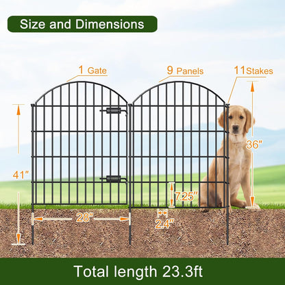 Metal Garden Fence with Gate 36in (H) x 23.3ft (L), 1 Gate+ 9 Panels Dog Fence Border Fence Animal Barrier, No Dig Garden Fencing for Yard Flower Bed Lawn Patio Outdoor, ECG3610, Black