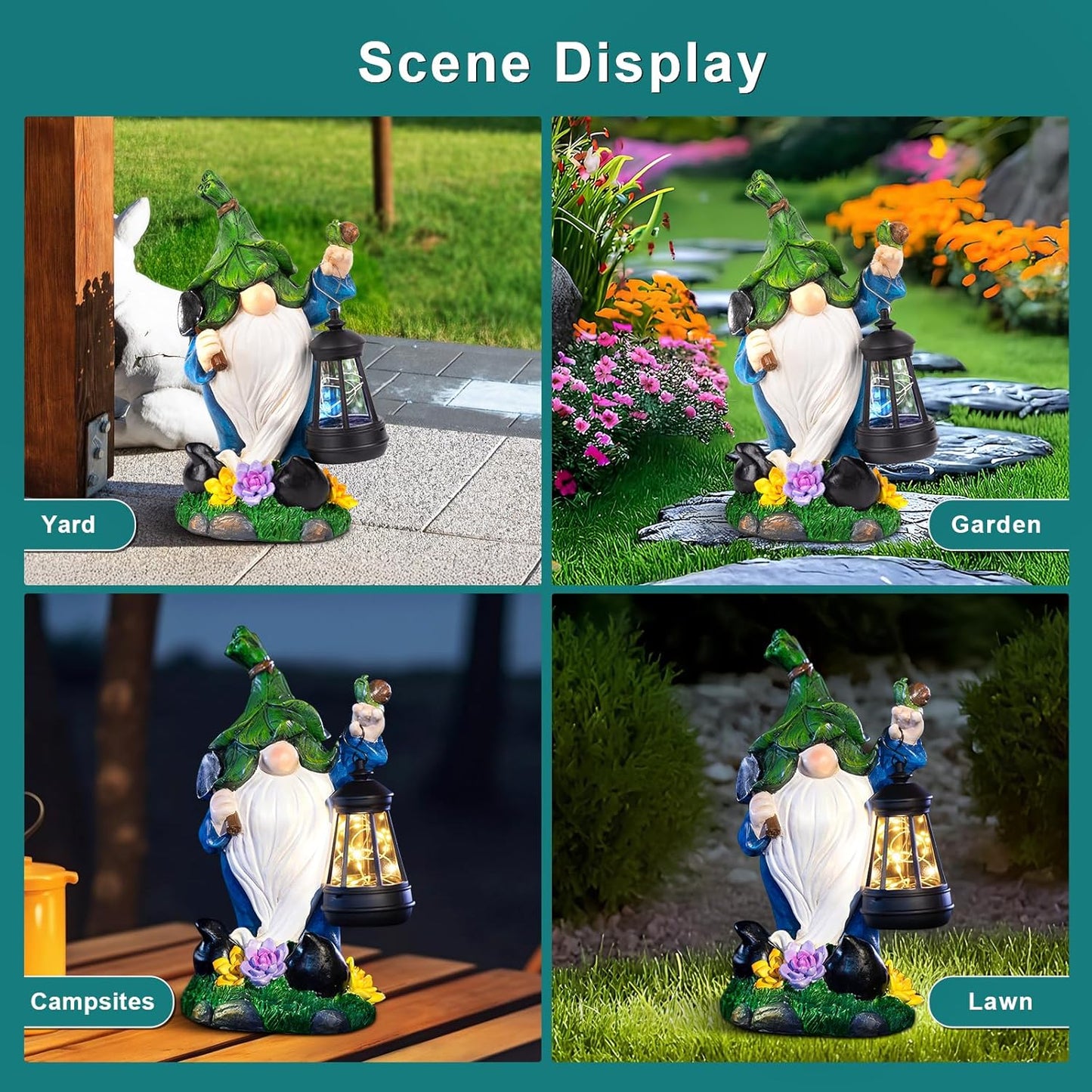 Solar Gnome Garden Figurine Yard Lights with Solar Lights Lantern & Shovel - Outdoor Yard Art Lawn Ornaments for Porch Patio Balcony - Gnome Gifts for Women Mom