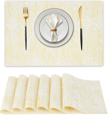 Vinyl Plastic Placemats Set of 6 Washable Heat Resistant Non-Slip Elegant Indoor Outdoor Kitchen Dining PVC Woven Table Place Mats (Yellow Squares)