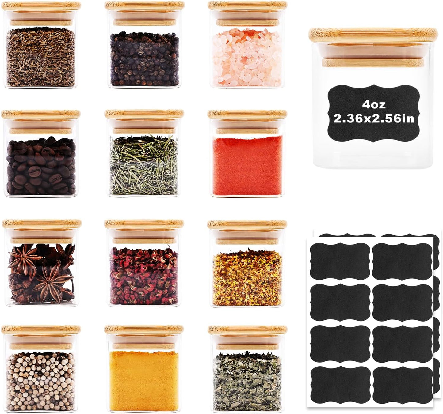 Glass Food Storage Jars Square 4oz, 12 Pack Glass Jars With Bamboo Lids, Kitchen Storage Containers For Spice, Candy, Cookie, Storage For Pantry Organizers